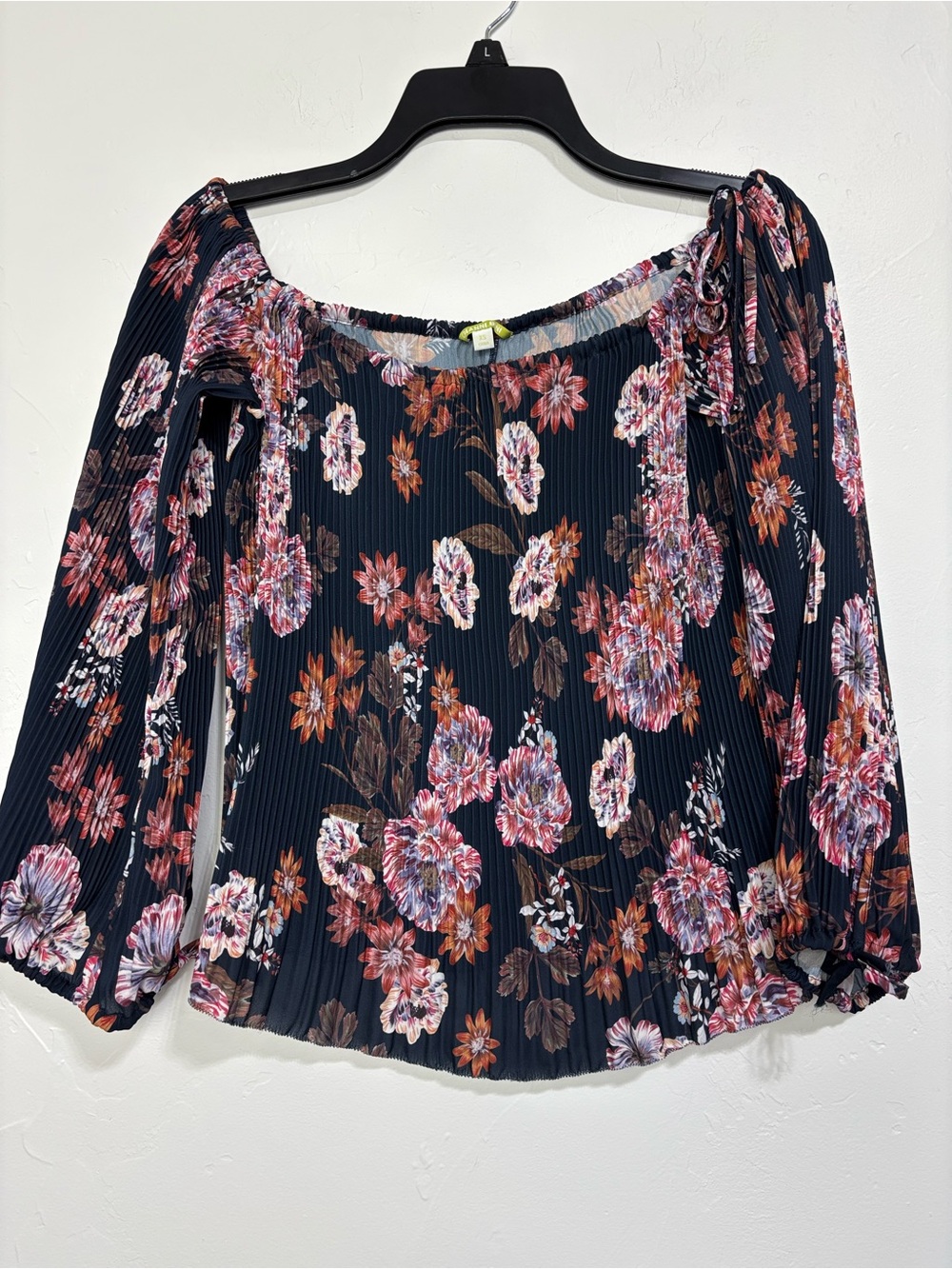 Gianni Bini Navy Multicolor Floral Pleated Off Shoulder 3/4 Sleeve Blouse XS